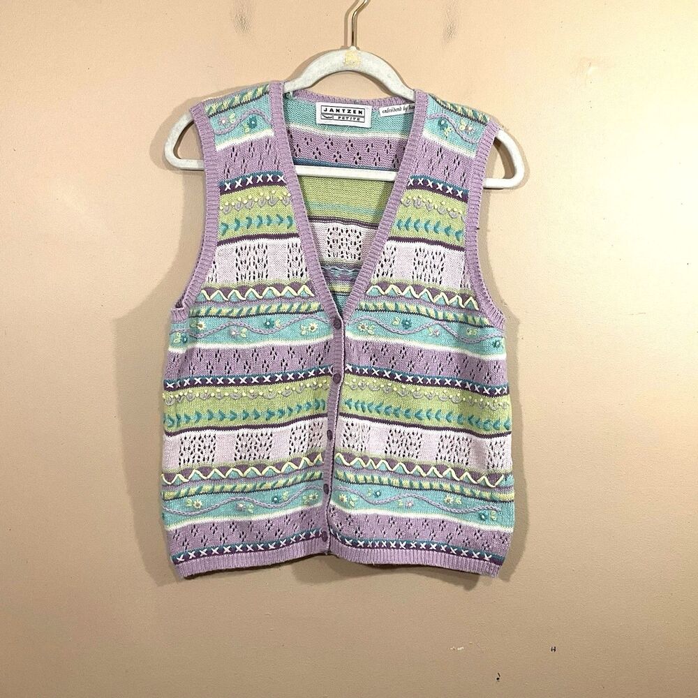Vintage Jantzen Embroidered Striped Sweater Vest Womens PS Pastel Easter Granny